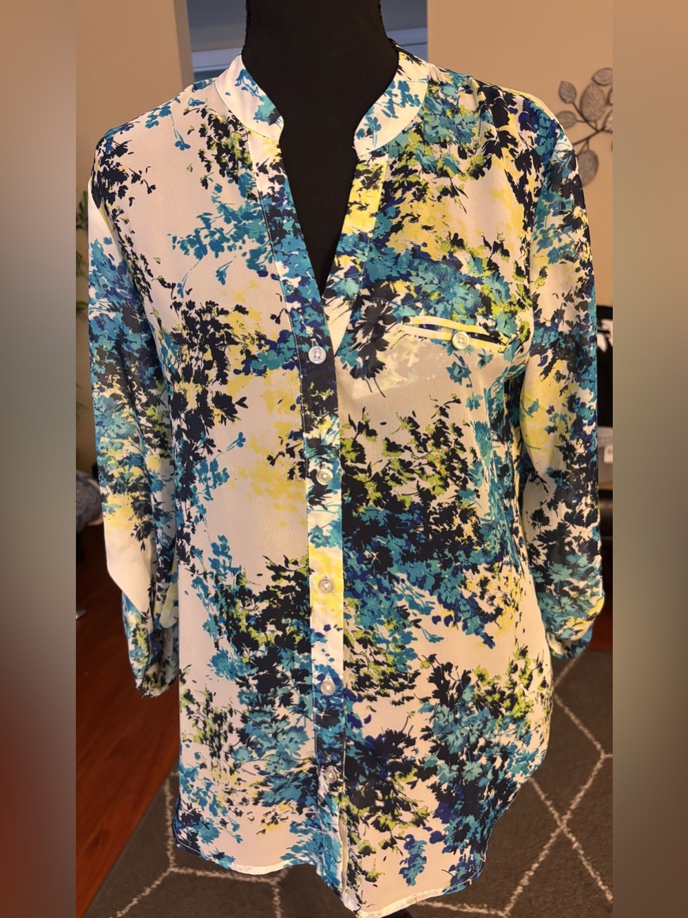 Women’s Floral Button-Front Blouse in Blue & Yellow